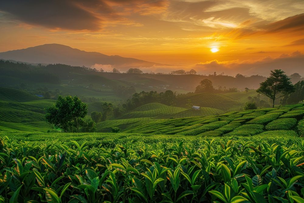 Tea plantation at sunset landscape outdoors horizon.