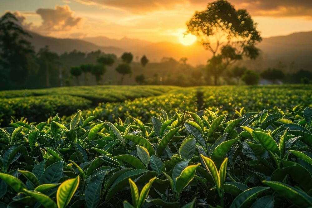Tea plantation at sunset outdoors nature leaf.