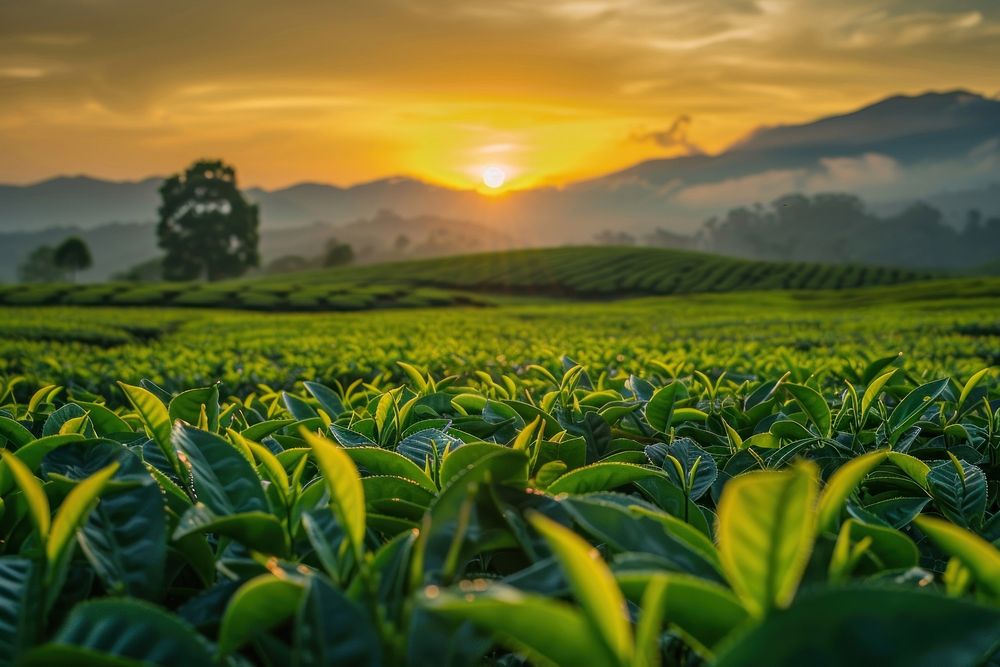 Tea plantation at sunset outdoors nature tea.