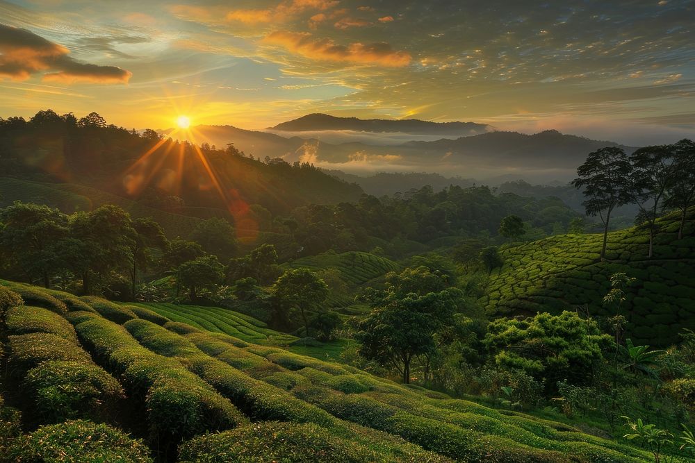 Tea plantation at sunset land vegetation landscape.