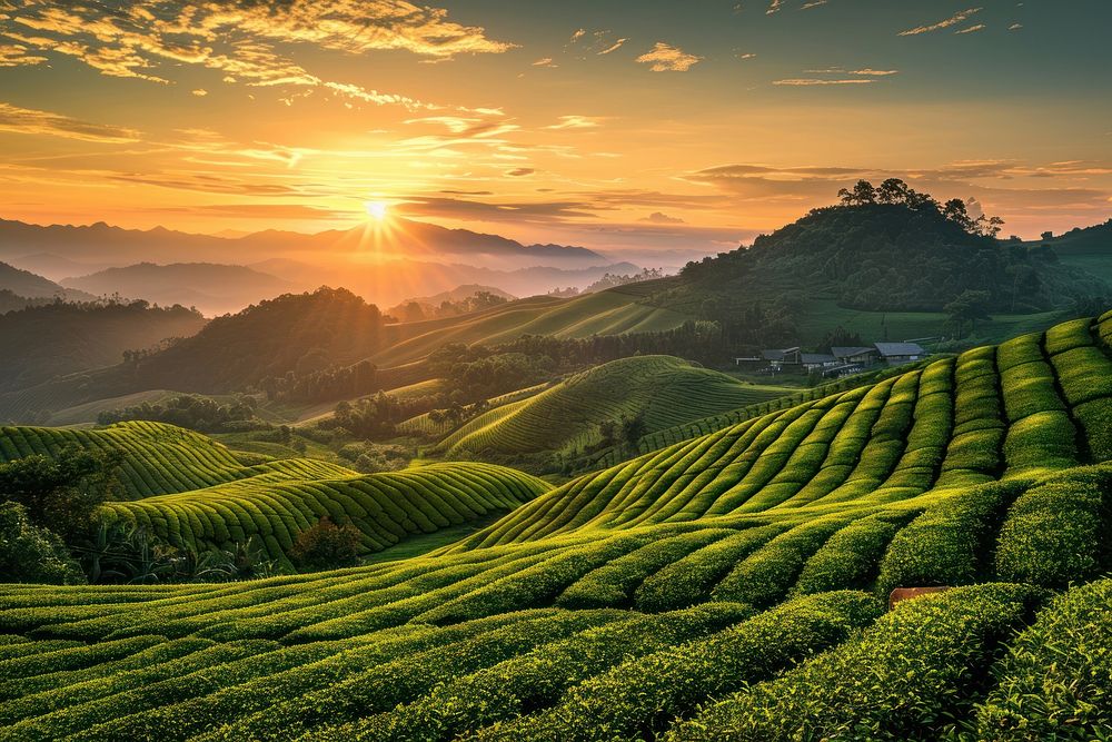 Tea plantation at sunset landscape outdoors nature.