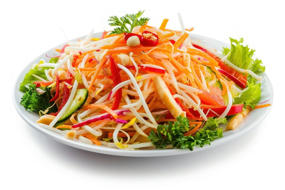 Thai papaya salad plate spaghetti produce noodle.