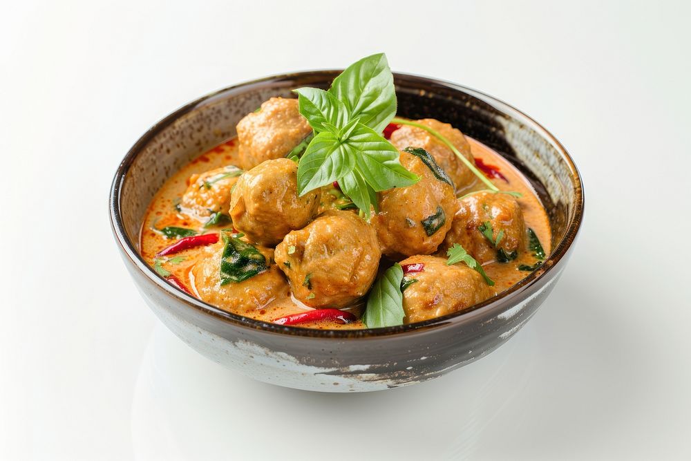 Thai turkey meatball in coconut curry food food presentation.