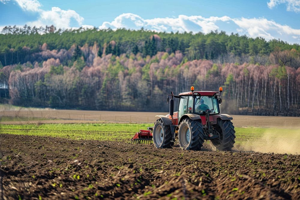 Tractor cultivating field at spring tractor agriculture outdoors.