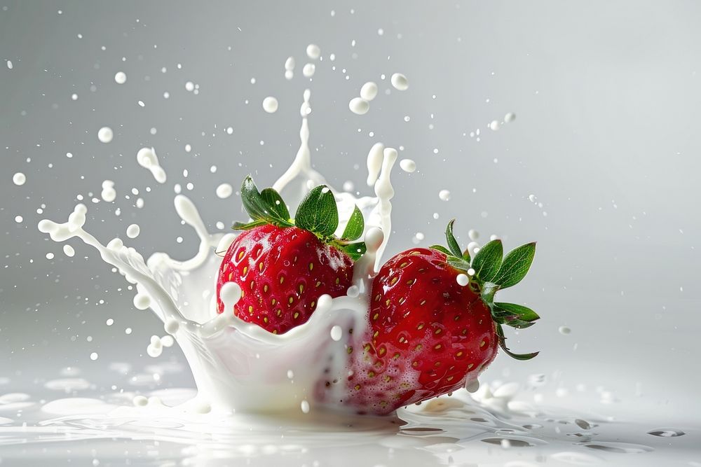Two strawberry with milk splash fruit dairy plant.