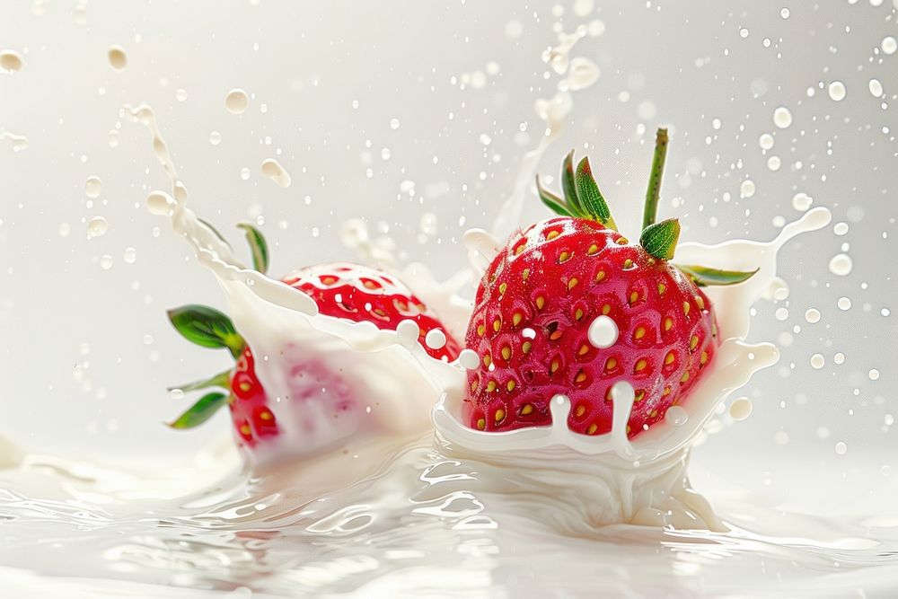 Two strawberry with milk splash dessert fruit plant.