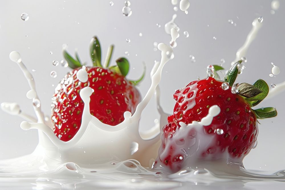 Two strawberry with milk splash fruit plant food.