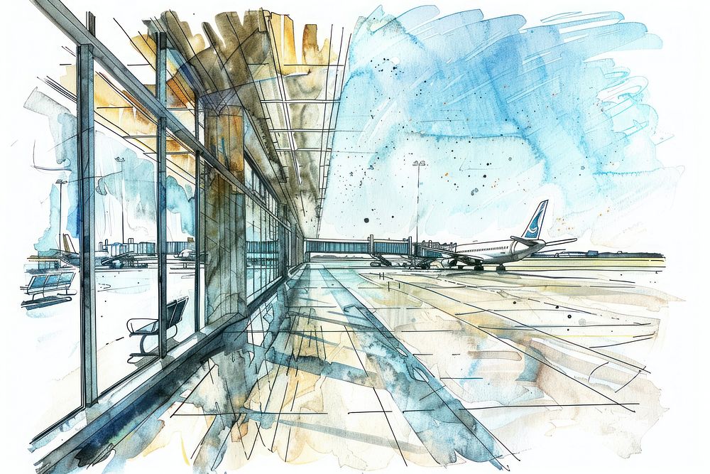 Airport in style pen sketch art transportation.