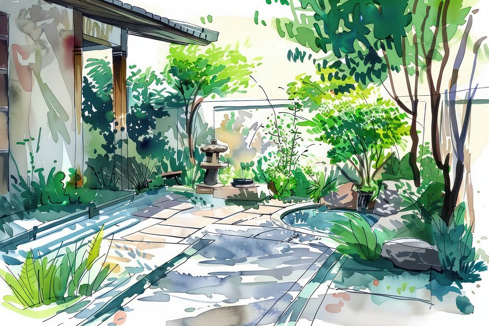 Backyard in style pen water architecture vegetation.