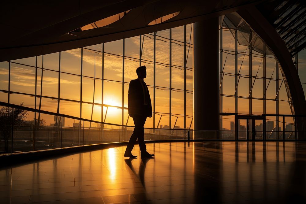 Business man silhouette photography backlighting standing airport.