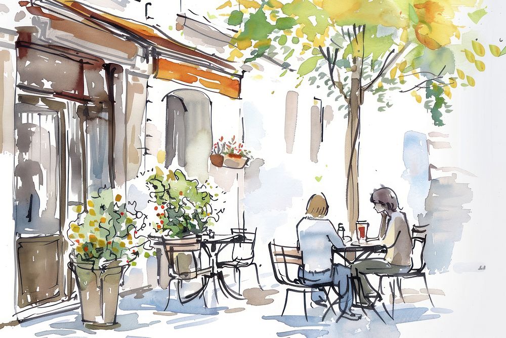Cafe in style pen sketch city art.