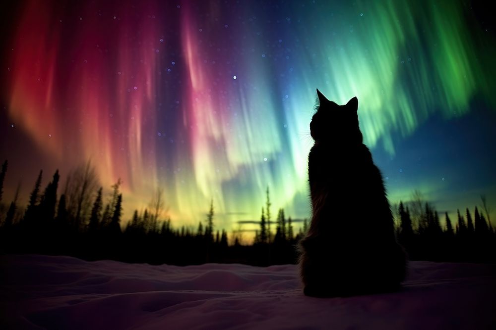 Cat silhouette photography aurora sky vegetation.