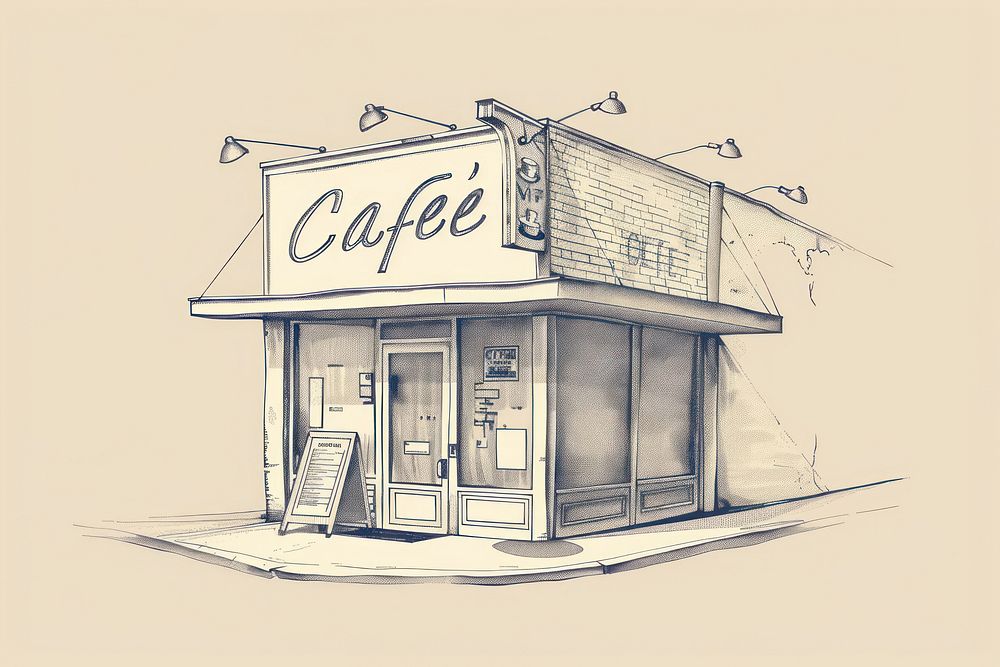 Cafe signboard drawing illustrated restaurant.