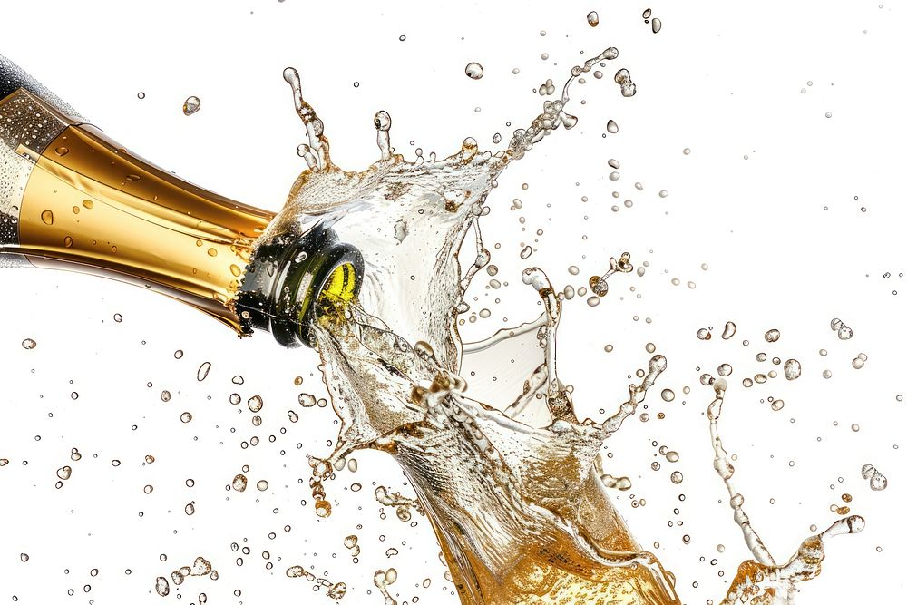 Champagne bottle splashing glass drink.