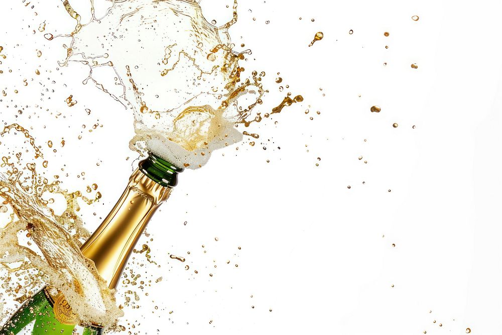 Champagne bottle splashing white background refreshment.
