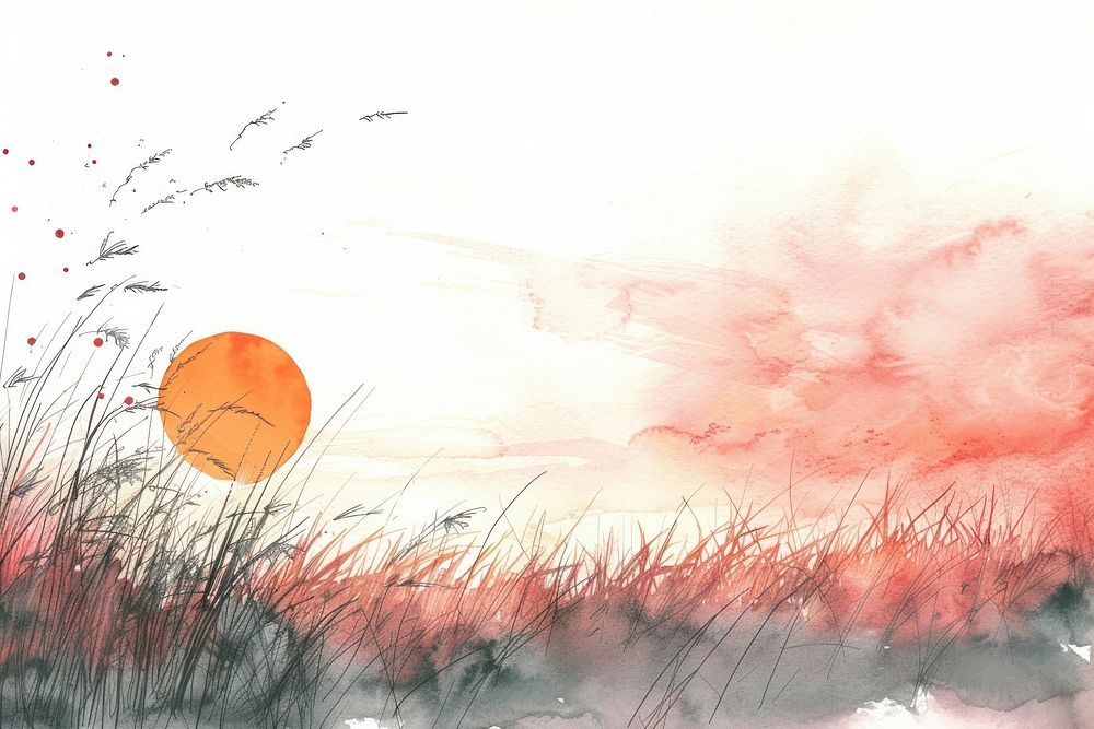 Meadow with sunrise in style pen art painting outdoors.