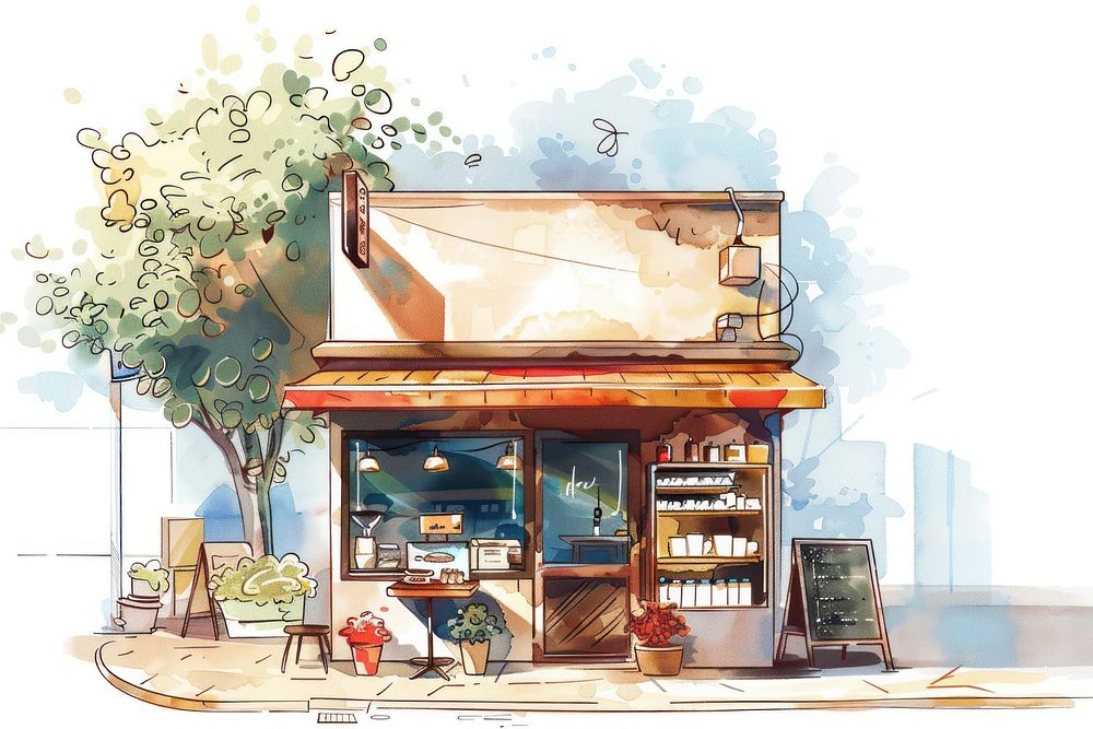 Minimal coffee shop in style pen art restaurant painting.