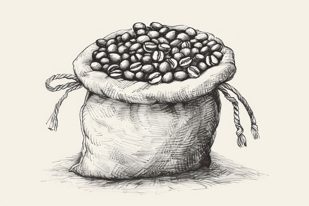 Coffee beans in sack illustrated beverage drawing.