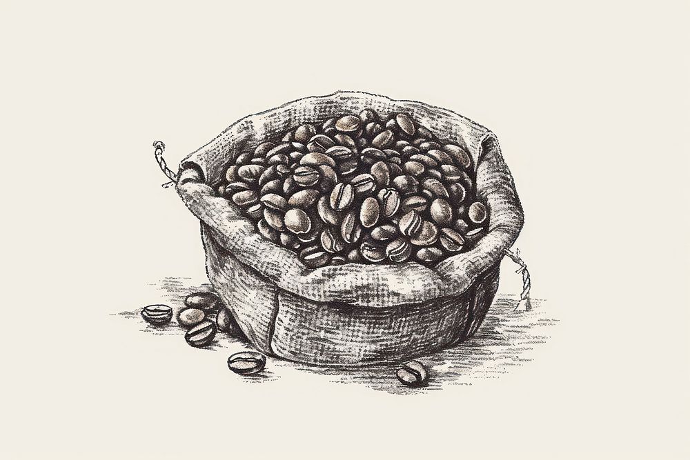 Coffee beans in sack illustrated beverage drawing.