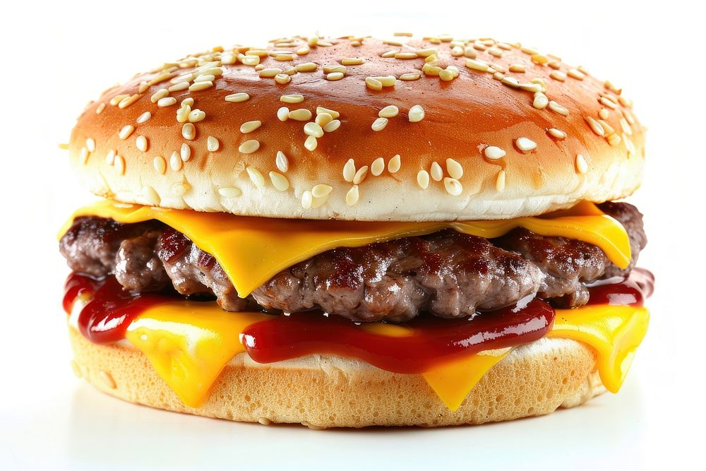 Big tasty cheeseburger beef ketchup food white background.