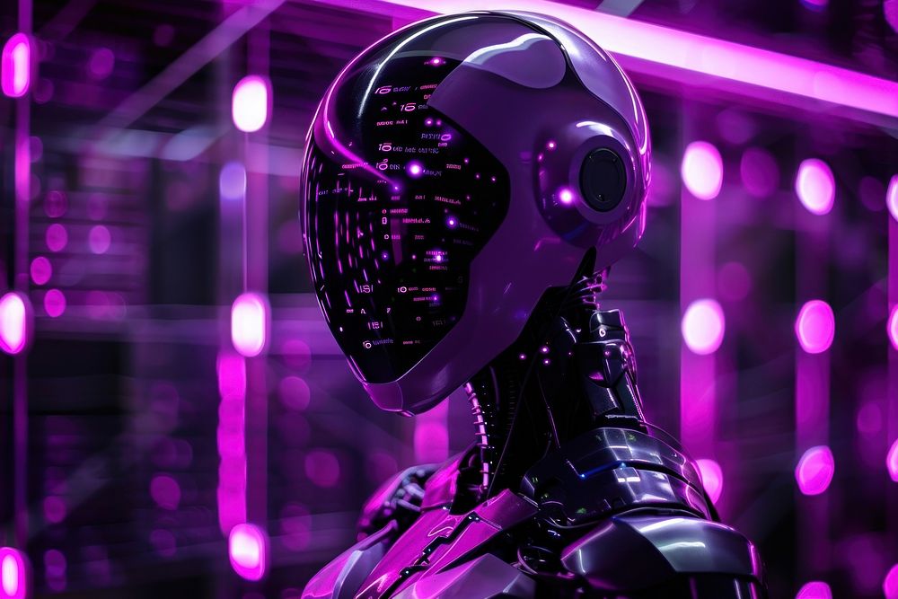 Black and purple cyber security person robot human.