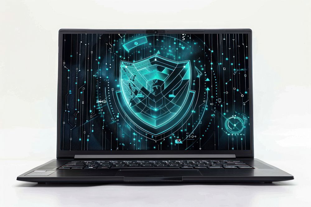 Laptop shield cyber security electronics blackboard computer.