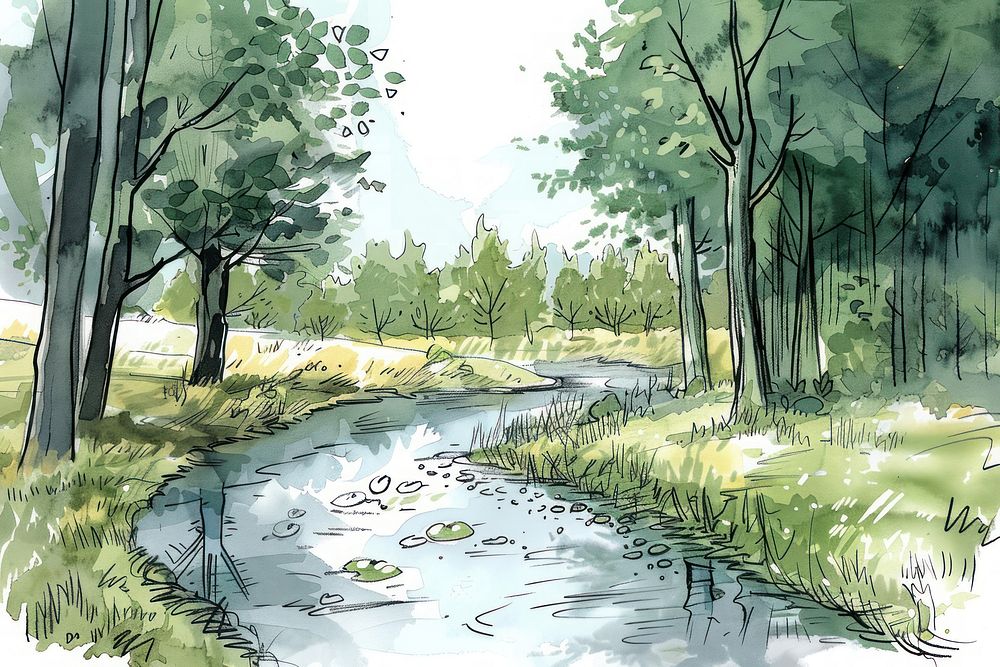 River forest in style pen water art vegetation.