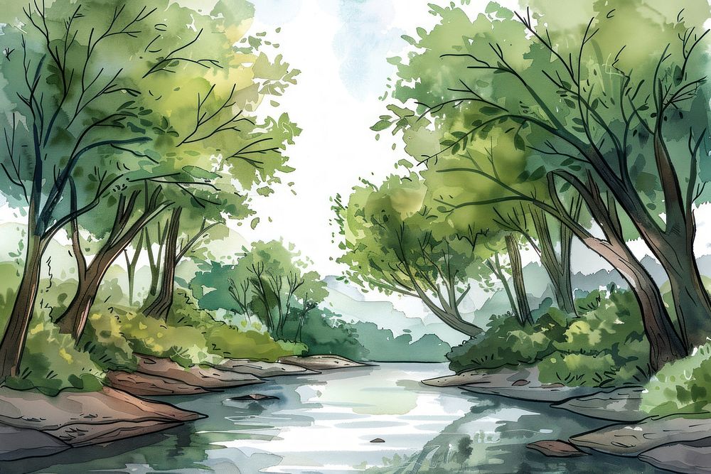 River forest in style pen water art vegetation.