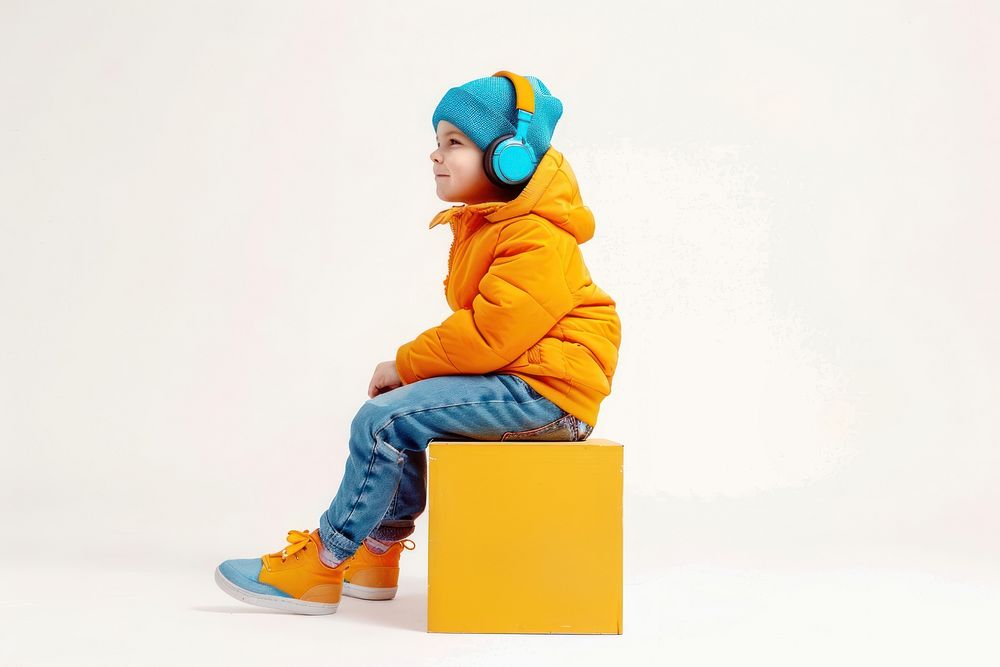 Kid wearing wireless headphone sitting portrait child.