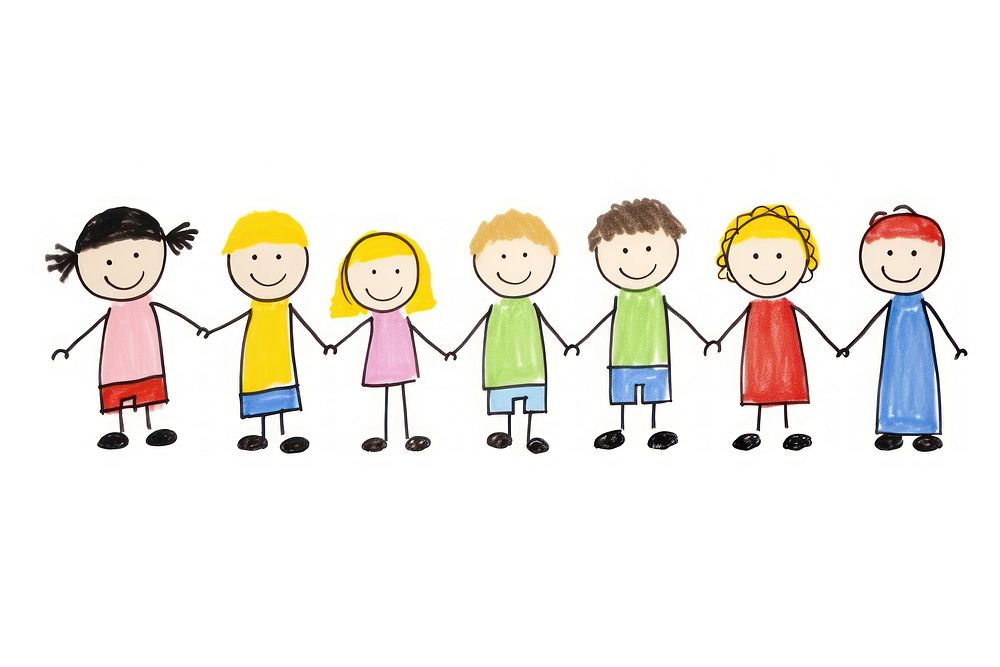 Six children holding hand drawing cartoon line.