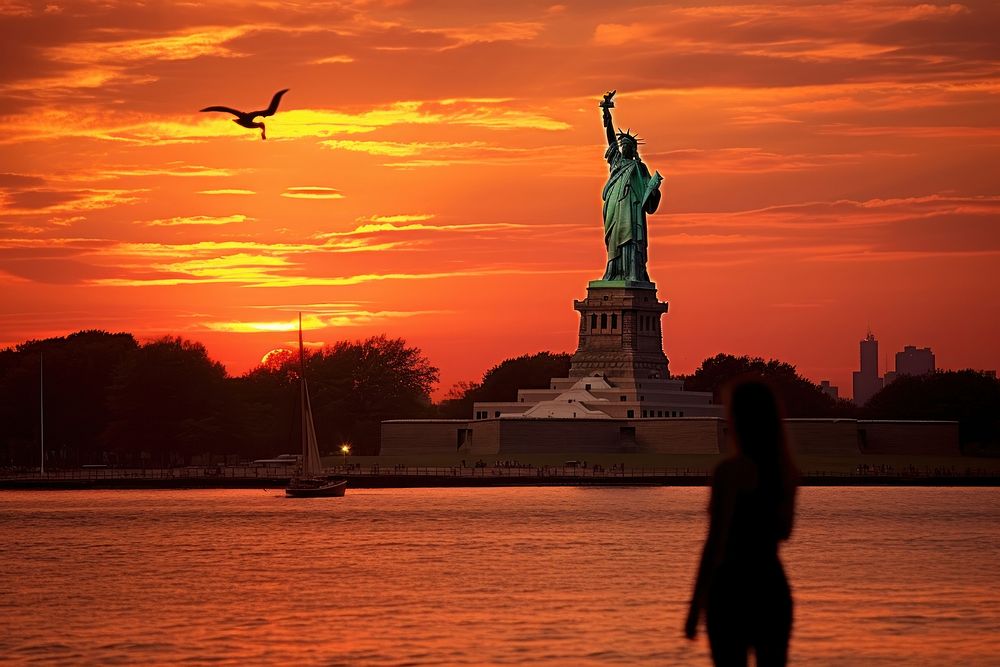 Statue of liberty silhouette photography transportation sculpture landmark.