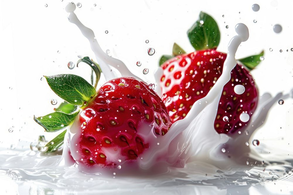 Strawberry in splash milk fruit plant food.