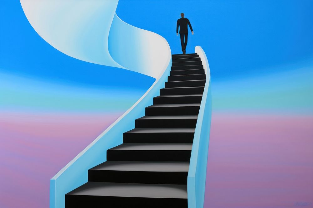 Illustration of a man walking up stairs architecture staircase building.