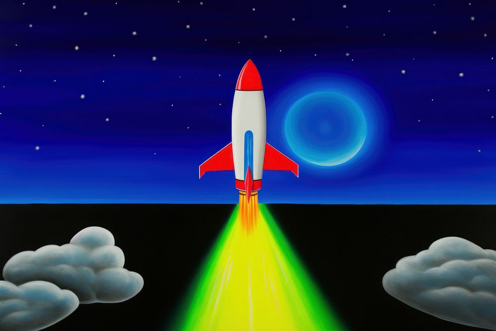Illustration of rocket on galaxy transportation weaponry aircraft.