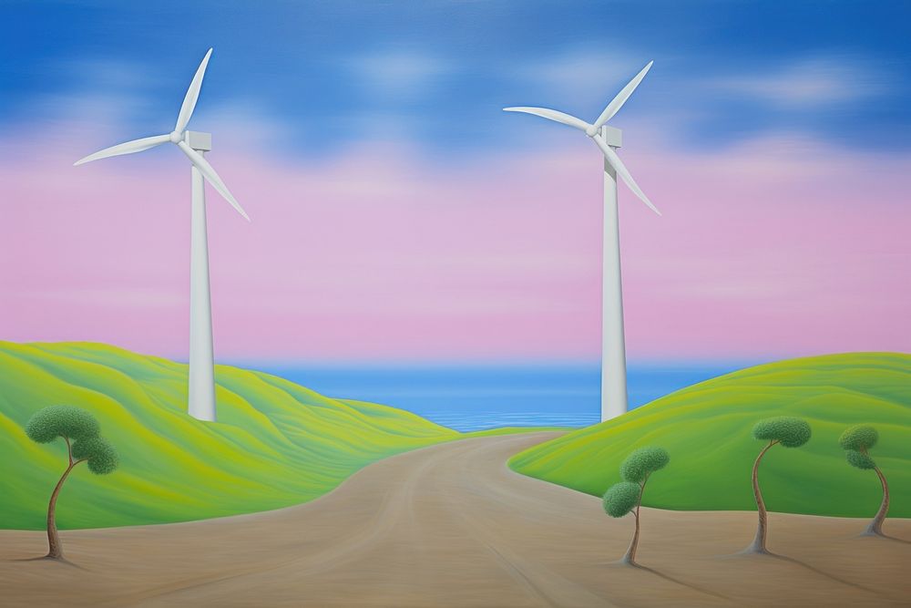 Illustration of a wind turbine farm painting art outdoors.