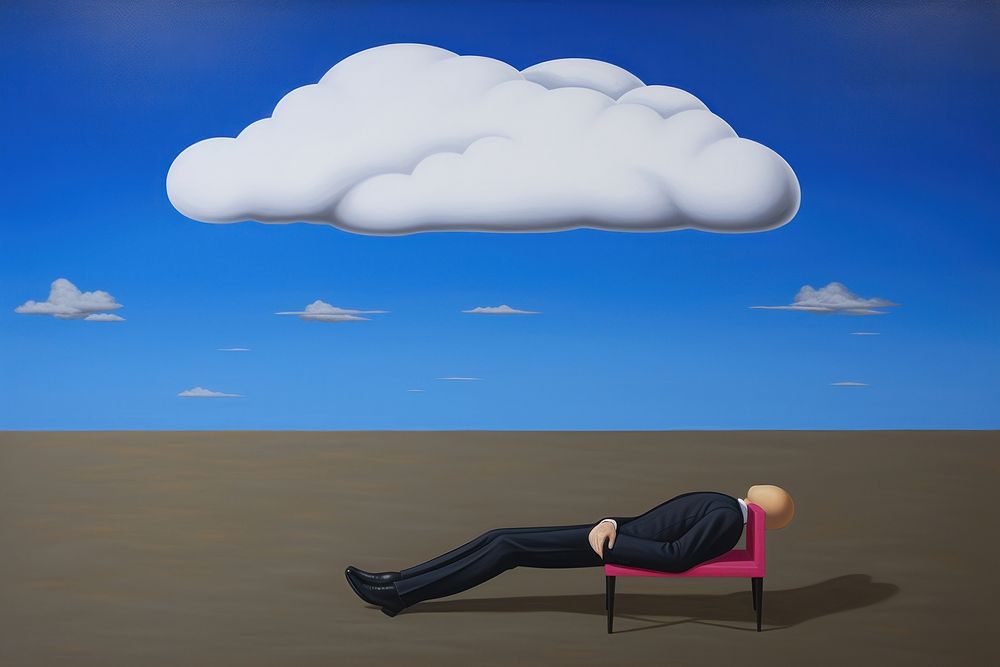 Illustration of a businessman with cloud on head furniture outdoors nature.