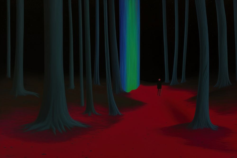 Illustration of dark night forest art lighting outdoors.