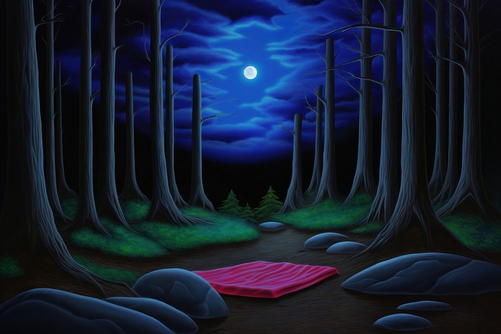 Illustration of dark night forest painting art vegetation.
