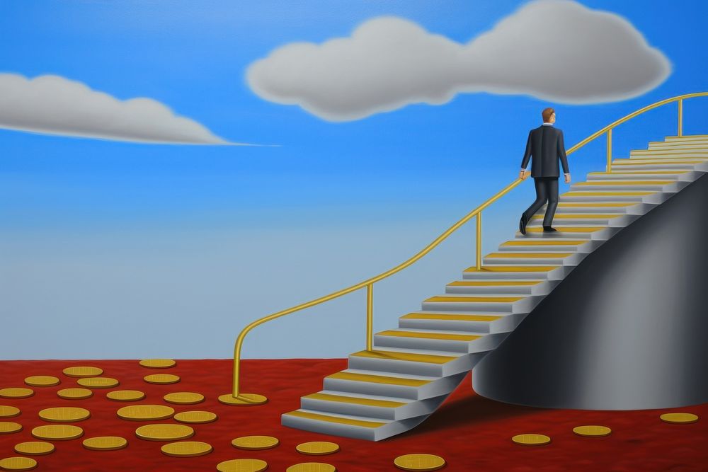 Businessman walking on money coins stair architecture staircase building.