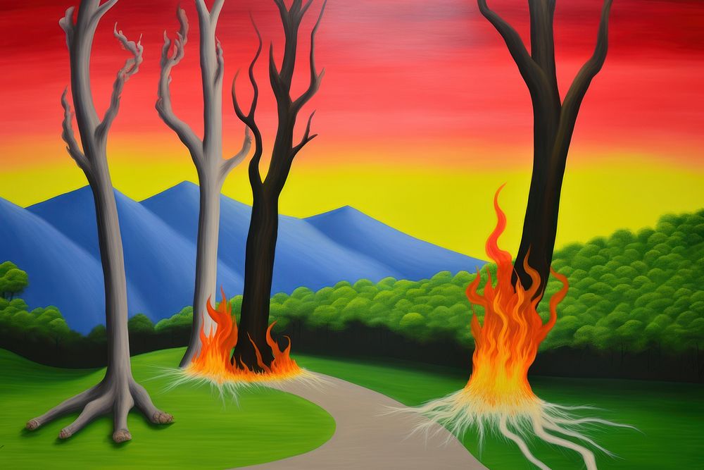 Deforestation with fire painting art vegetation.
