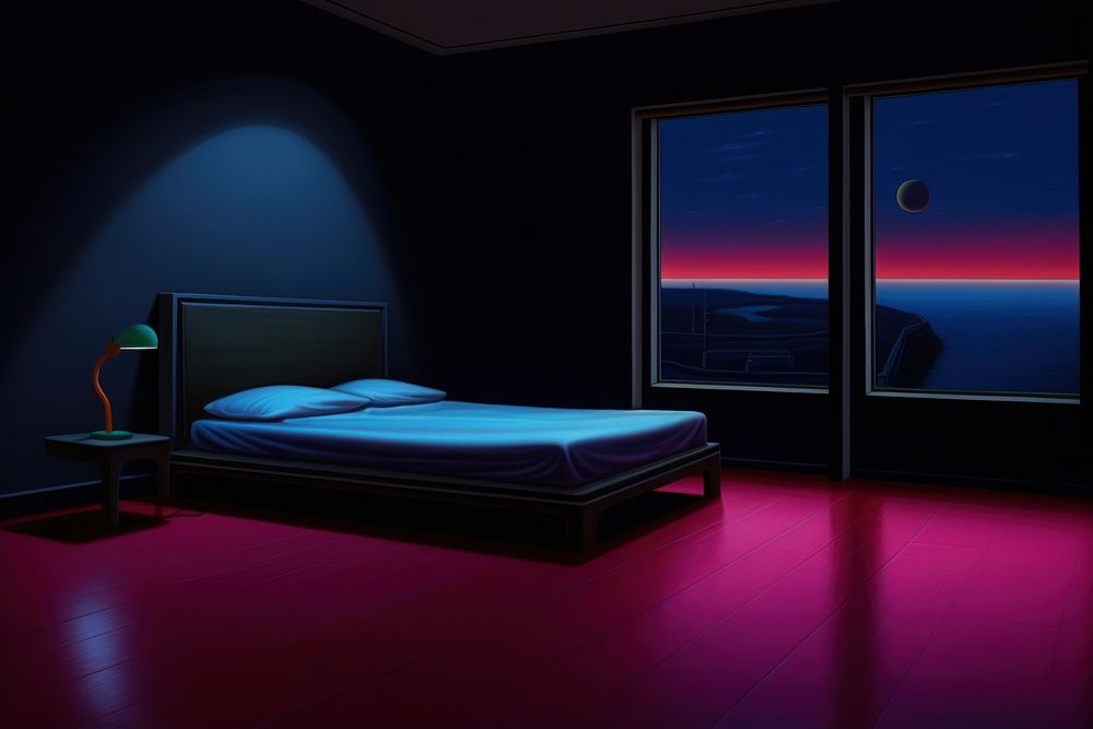 Illustration of dark bedroom electronics furniture lighting.