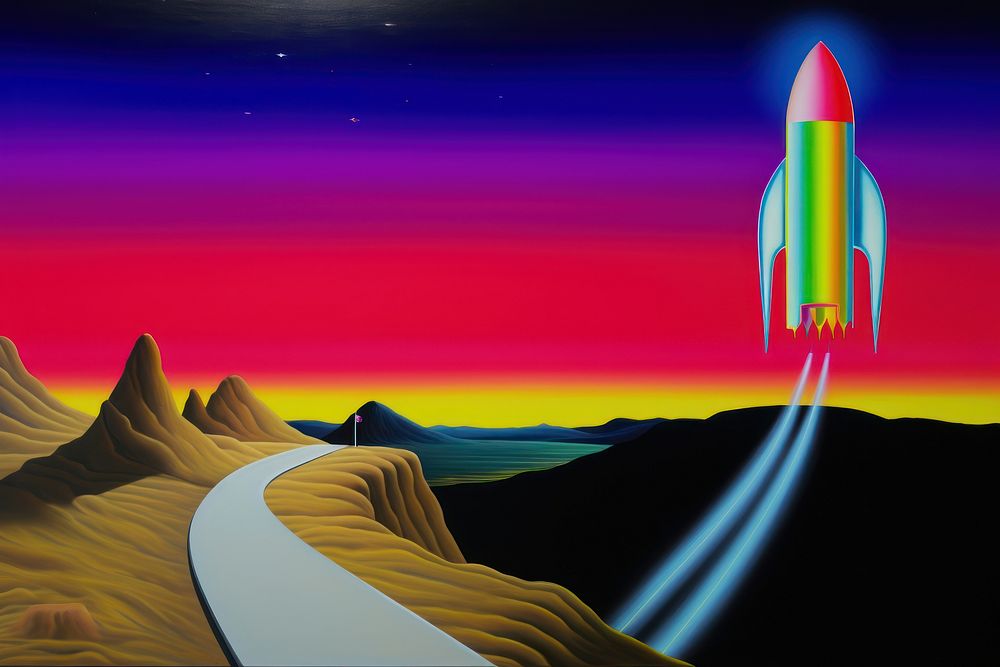 Illustration of rocket on galaxy art landscape graphics.