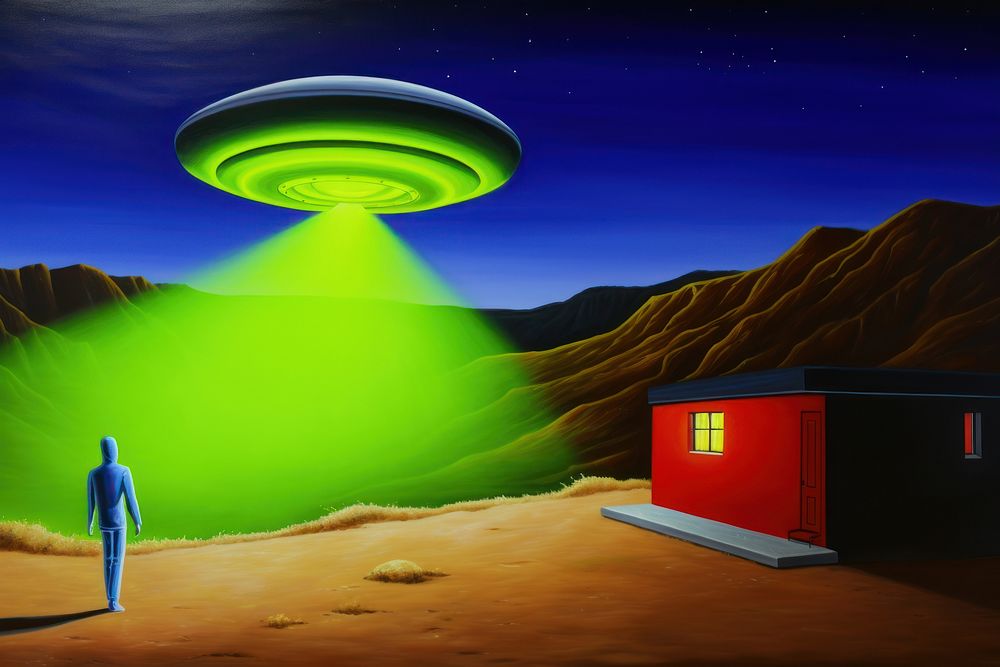 Illustration of ufo in space lighting outdoors person.