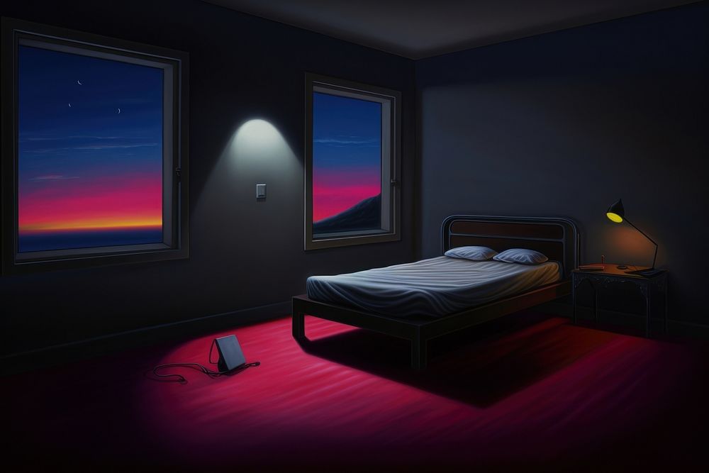Illustration of dark bedroom electronics furniture lighting.