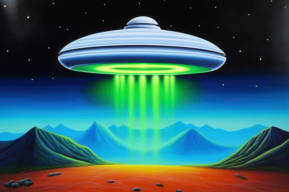 Illustration of ufo in space art lighting outdoors.