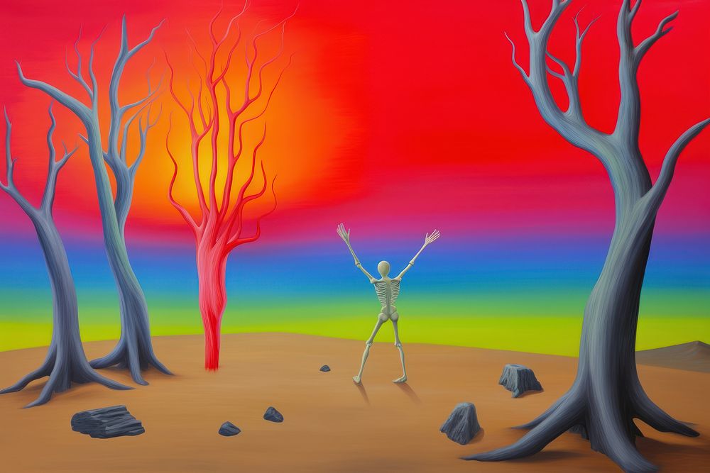 Fire forest and dead tree painting art outdoors.