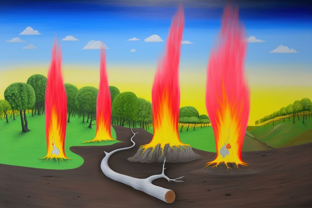 Deforestation with fire painting art landscape.