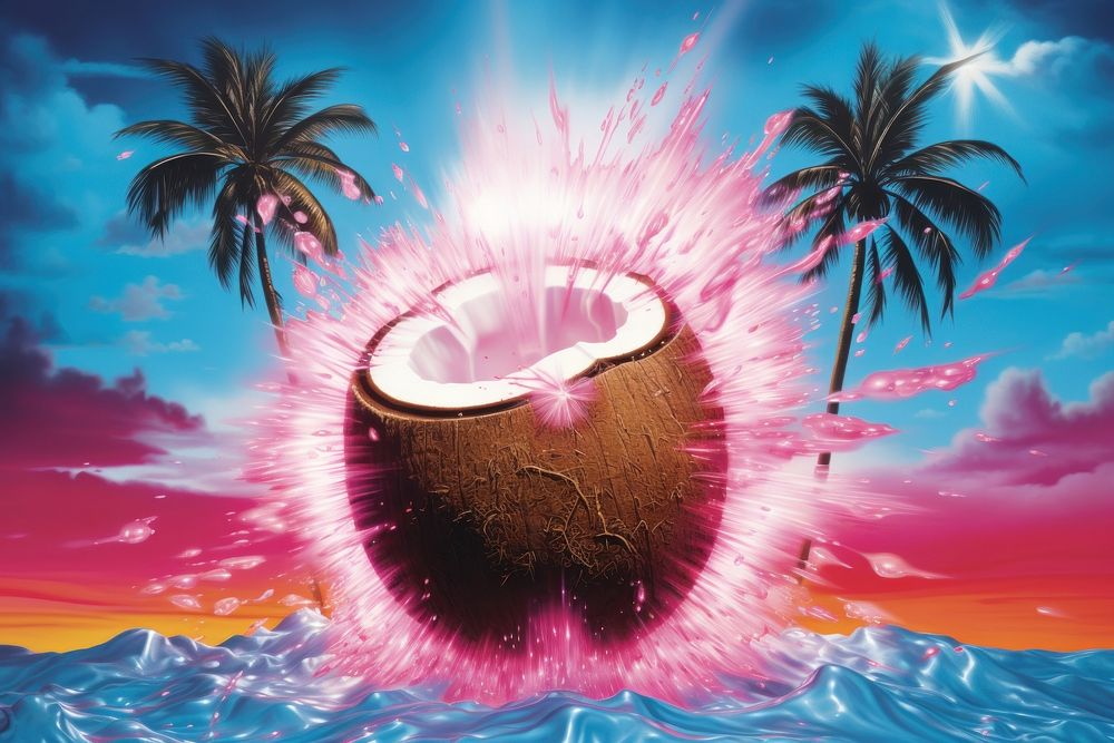 Airbrush art of a coconut outdoors produce summer.