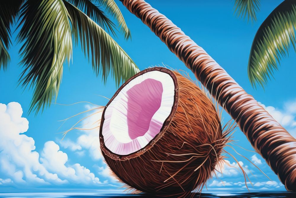Airbrush art of a coconut outdoors produce fruit.
