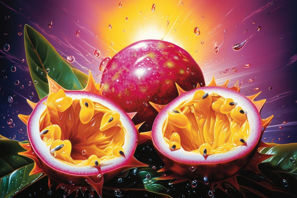 Airbrush art of a passionfruit graphics produce jacuzzi.